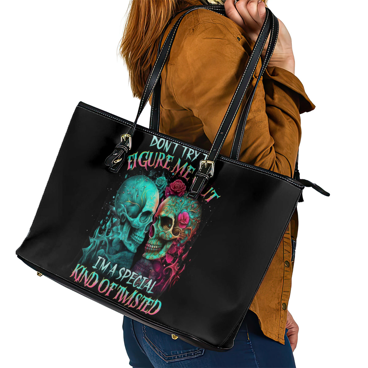 Twin Skull Leather Tote Bag Don't Try To Figure Me Out I'm A Special - Wonder Print Shop