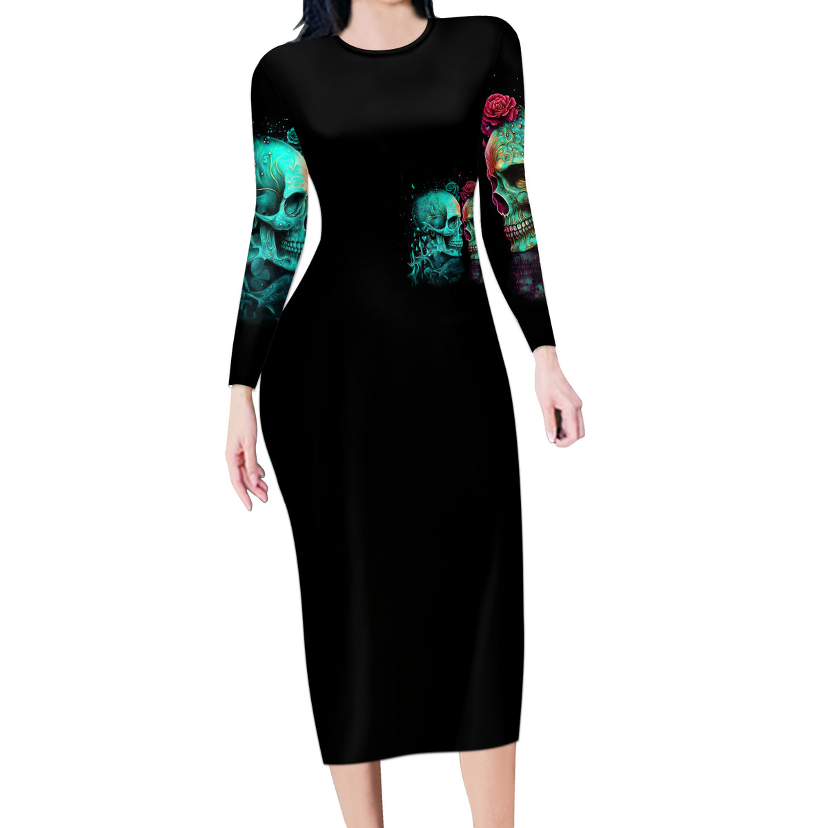 Twin Skull Long Sleeve Bodycon Dress Don't Try To Figure Me Out I'm A Special - Wonder Print Shop