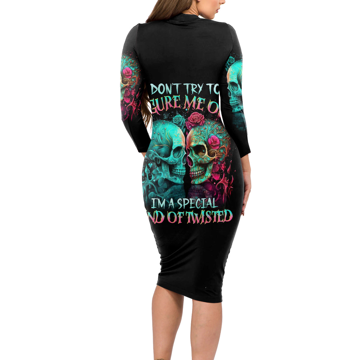 Twin Skull Long Sleeve Bodycon Dress Don't Try To Figure Me Out I'm A Special - Wonder Print Shop