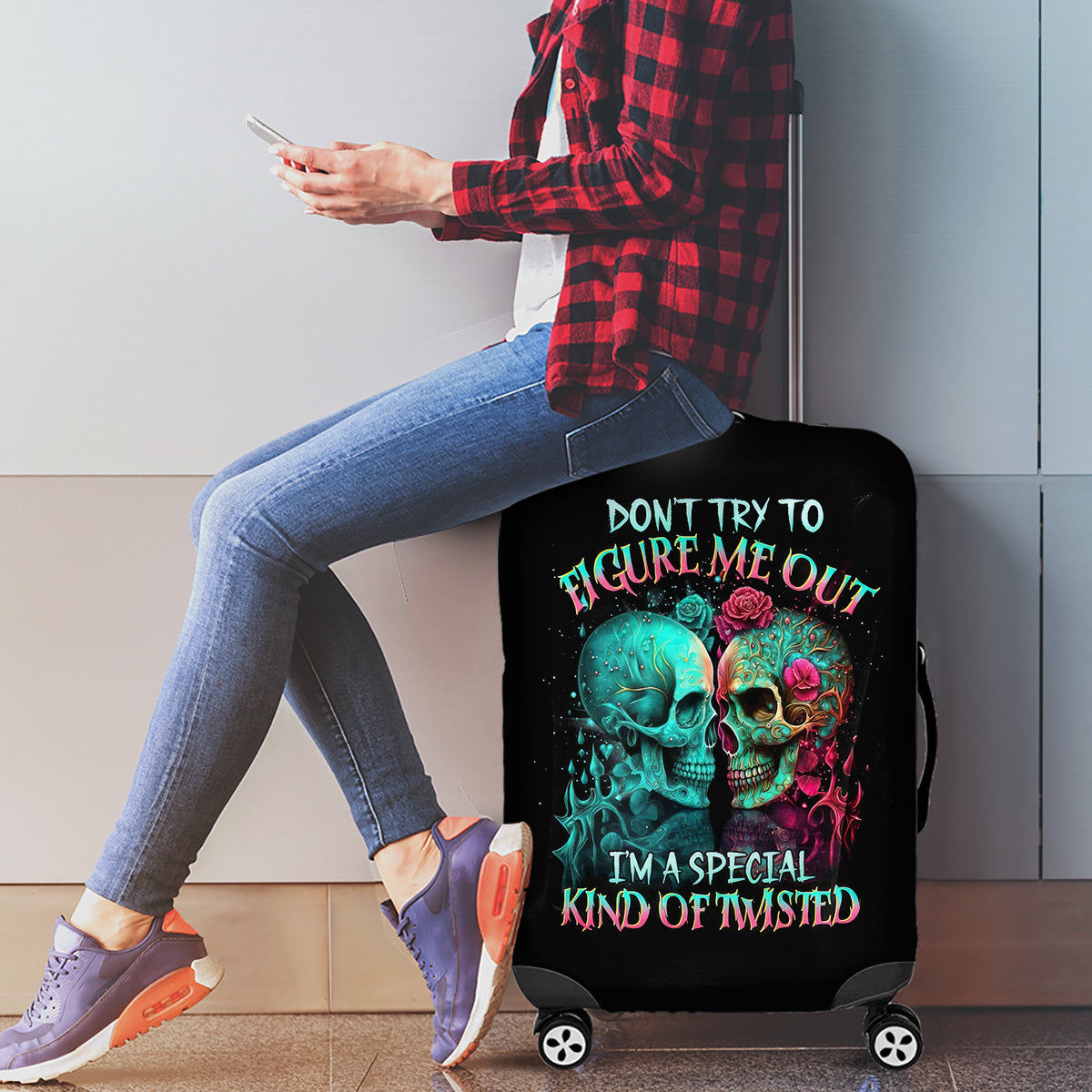 Twin Skull Luggage Cover Don't Try To Figure Me Out I'm A Special - Wonder Print Shop