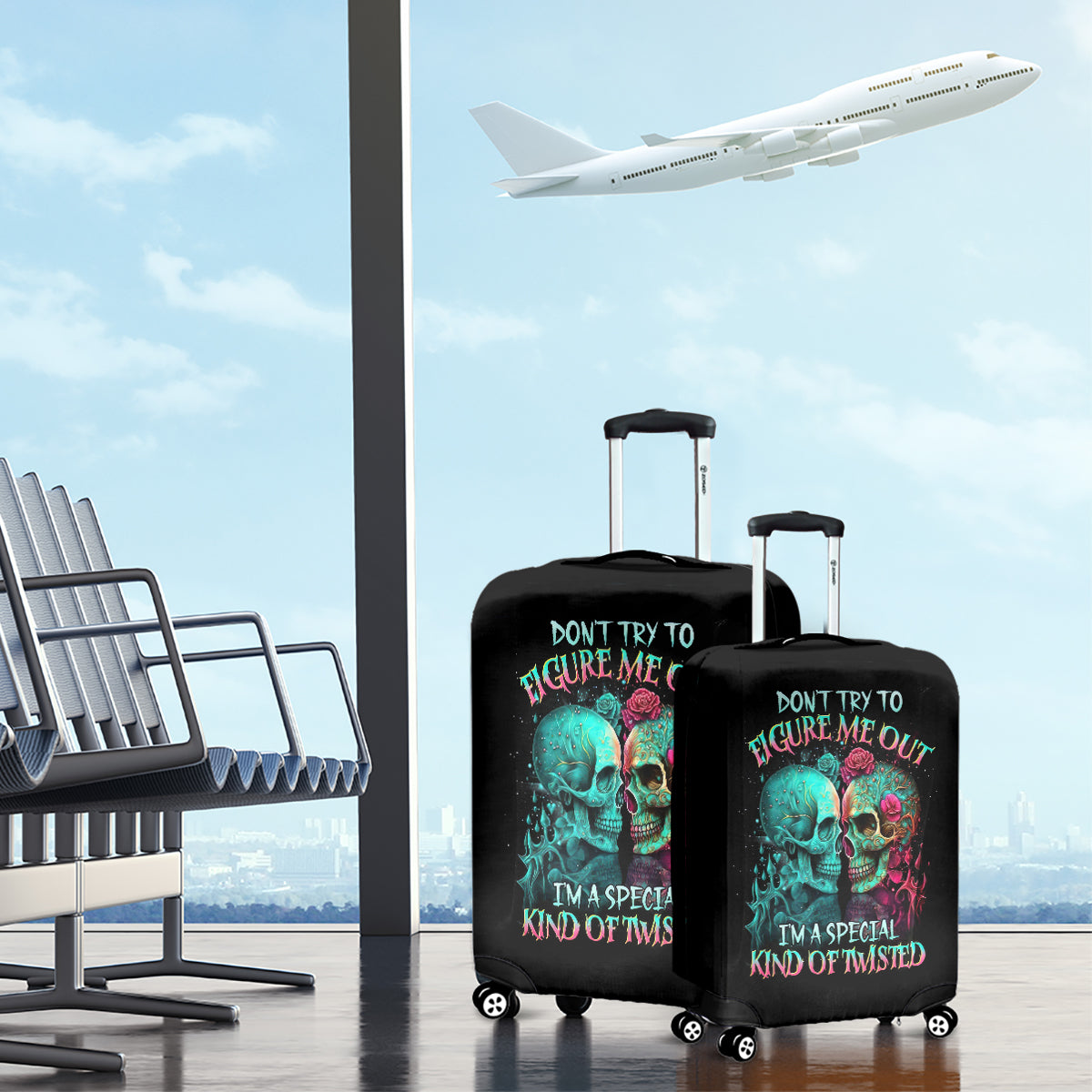 Twin Skull Luggage Cover Don't Try To Figure Me Out I'm A Special - Wonder Print Shop