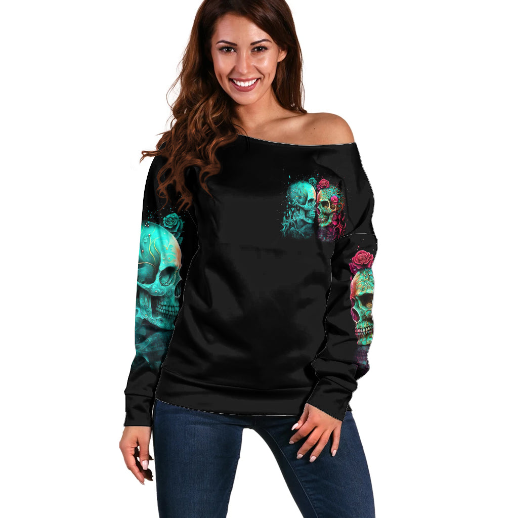 Satan Skull Off Shoulder Sweater I Never Alone My Demon With Me 24/7 - Wonder Print Shop
