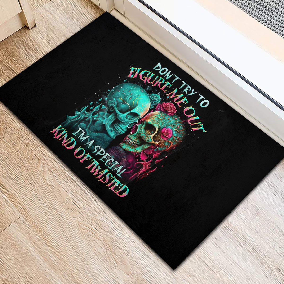 Twin Skull Rubber Doormat Don't Try To Figure Me Out I'm A Special - Wonder Print Shop