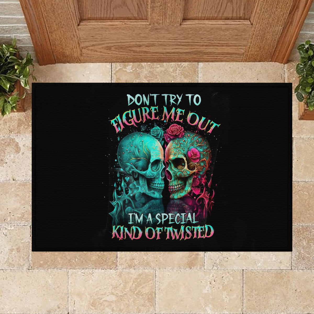 Twin Skull Rubber Doormat Don't Try To Figure Me Out I'm A Special - Wonder Print Shop