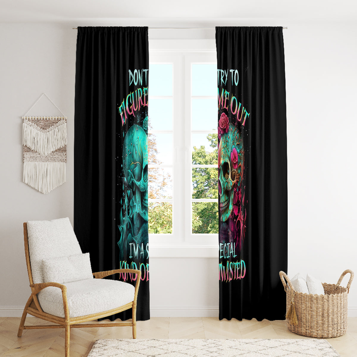 Twin Skull Window Curtain Don't Try To Figure Me Out I'm A Special - Wonder Print Shop