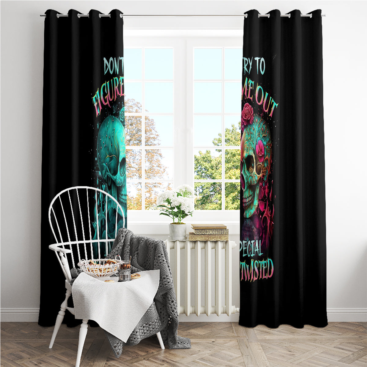 Twin Skull Window Curtain Don't Try To Figure Me Out I'm A Special - Wonder Print Shop
