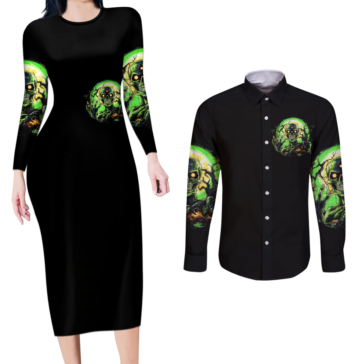 Zombie Skull Couples Matching Long Sleeve Bodycon Dress and Long Sleeve Button Shirts I Never Alone My Demon With Me 24/7 - Wonder Print Shop