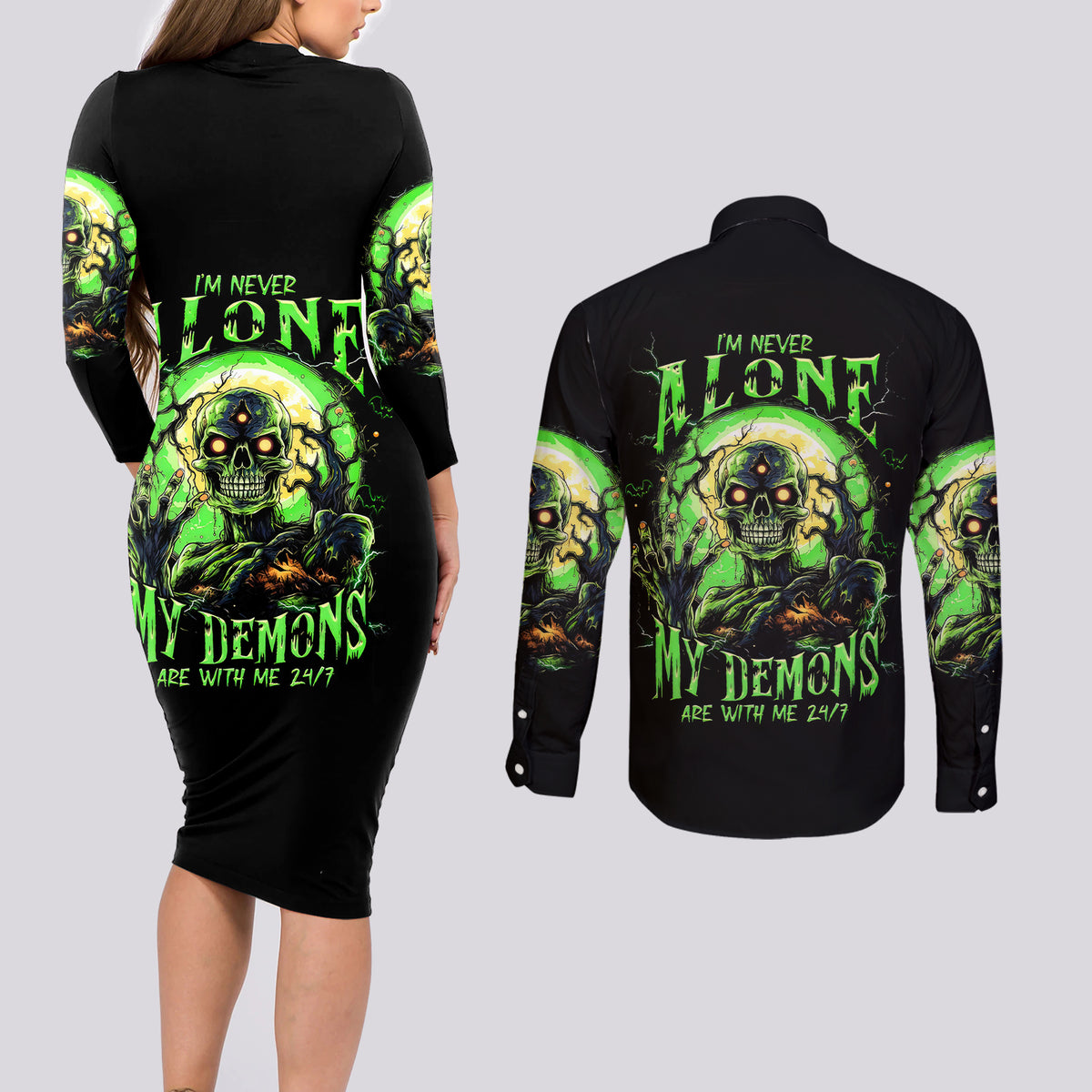 Zombie Skull Couples Matching Long Sleeve Bodycon Dress and Long Sleeve Button Shirts I Never Alone My Demon With Me 24/7 - Wonder Print Shop
