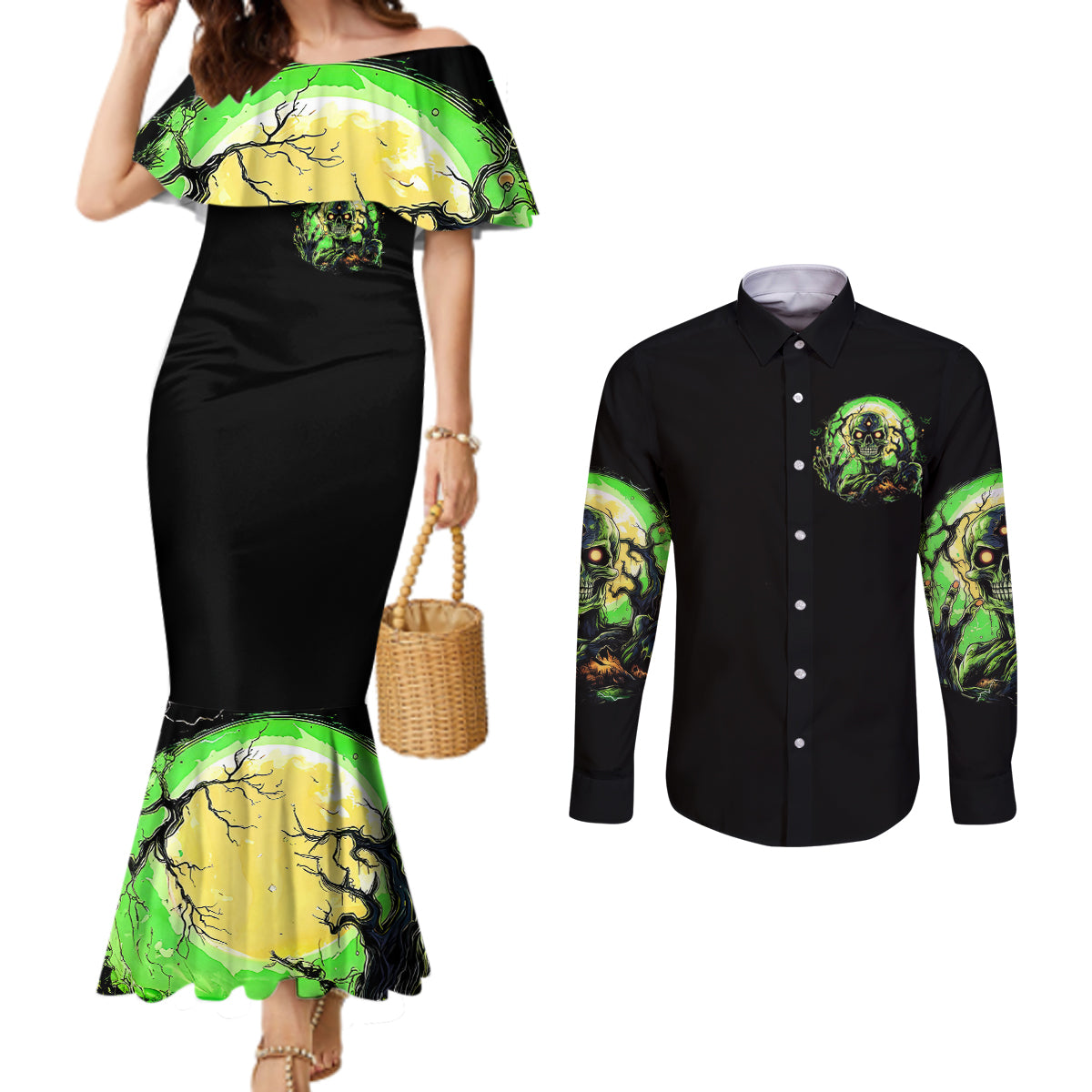Zombie Skull Couples Matching Mermaid Dress and Long Sleeve Button Shirts I Never Alone My Demon With Me 24/7 DT01
