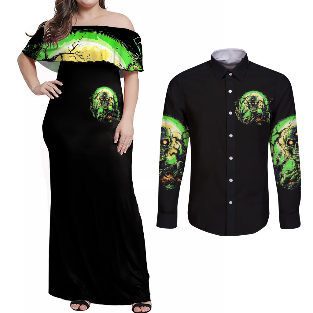 Zombie Skull Couples Matching Off Shoulder Maxi Dress and Long Sleeve Button Shirts I Never Alone My Demon With Me 24/7 - Wonder Print Shop