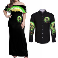 Zombie Skull Couples Matching Off Shoulder Maxi Dress and Long Sleeve Button Shirts I Never Alone My Demon With Me 24/7 - Wonder Print Shop