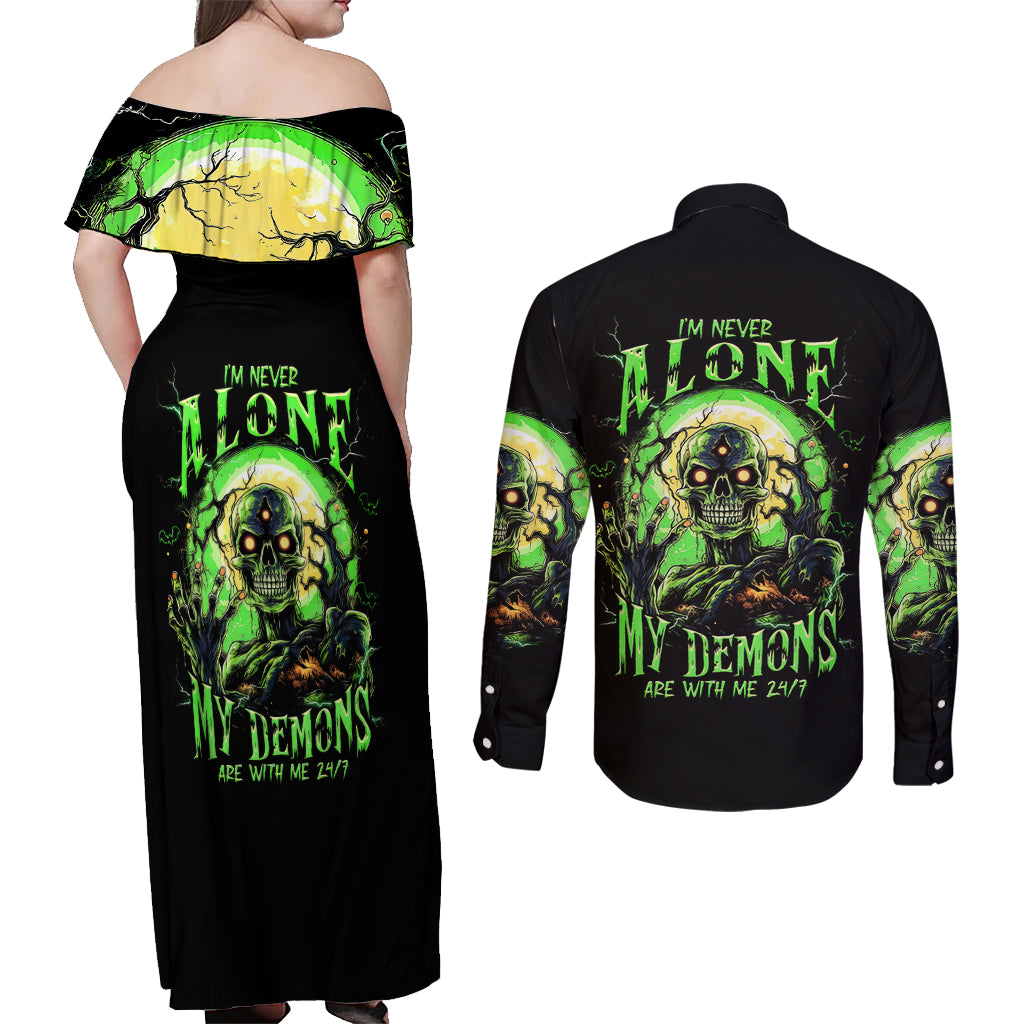 Zombie Skull Couples Matching Off Shoulder Maxi Dress and Long Sleeve Button Shirts I Never Alone My Demon With Me 24/7 - Wonder Print Shop