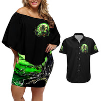 Zombie Skull Couples Matching Off Shoulder Short Dress and Hawaiian Shirt I Never Alone My Demon With Me 24/7 - Wonder Print Shop