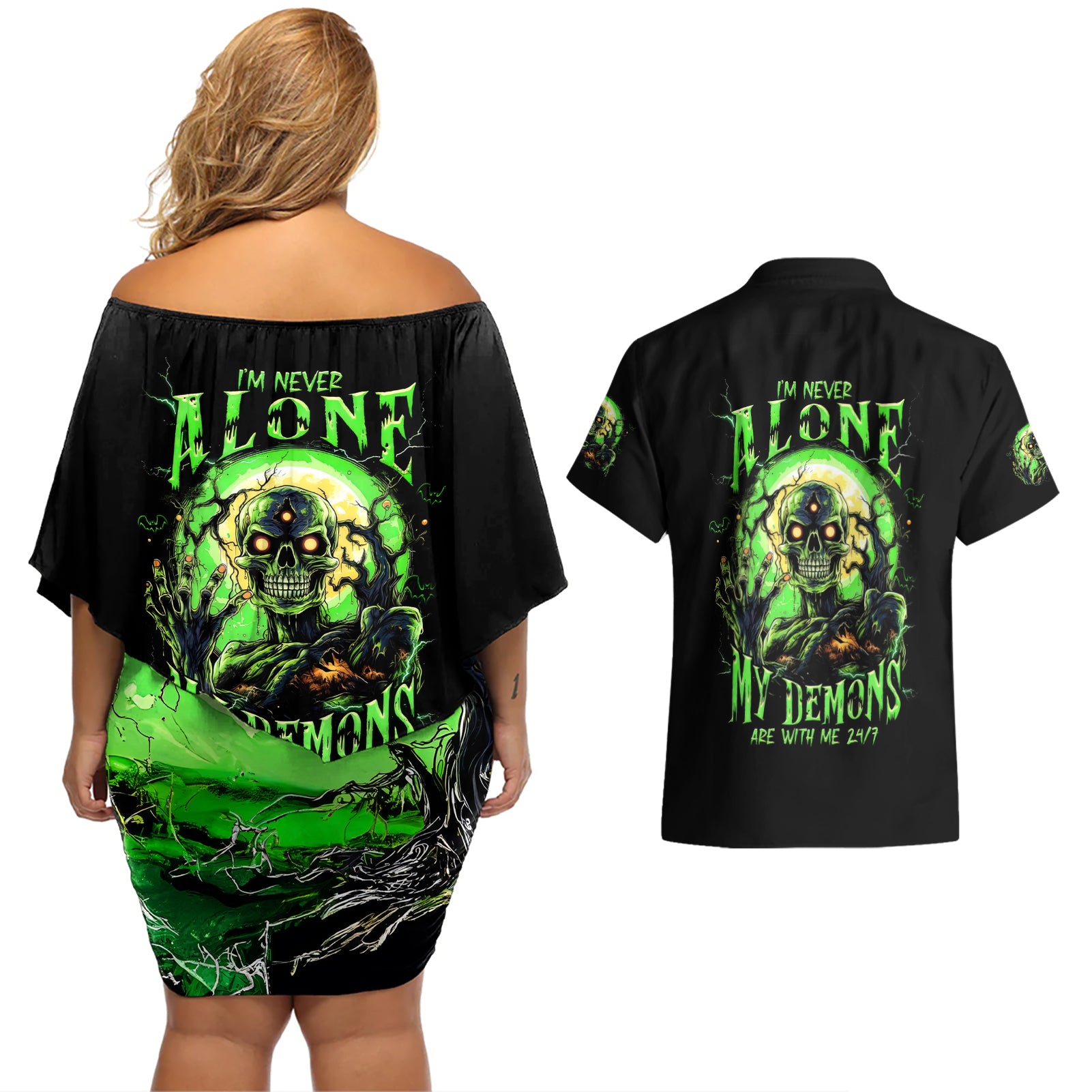 Zombie Skull Couples Matching Off Shoulder Short Dress and Hawaiian Shirt I Never Alone My Demon With Me 24/7 - Wonder Print Shop