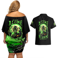 Zombie Skull Couples Matching Off Shoulder Short Dress and Hawaiian Shirt I Never Alone My Demon With Me 24/7 - Wonder Print Shop