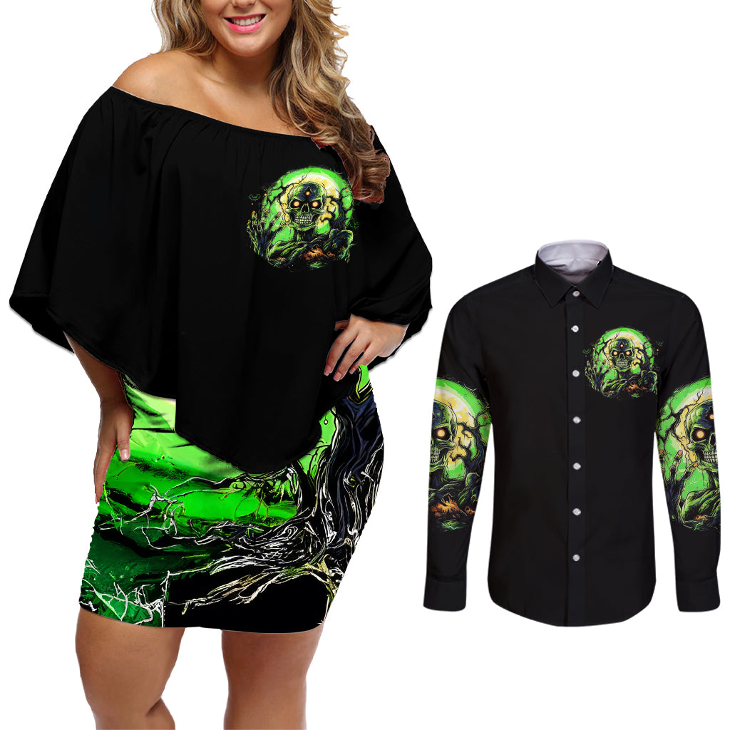 Zombie Skull Couples Matching Off Shoulder Short Dress and Long Sleeve Button Shirts I Never Alone My Demon With Me 24/7 - Wonder Print Shop