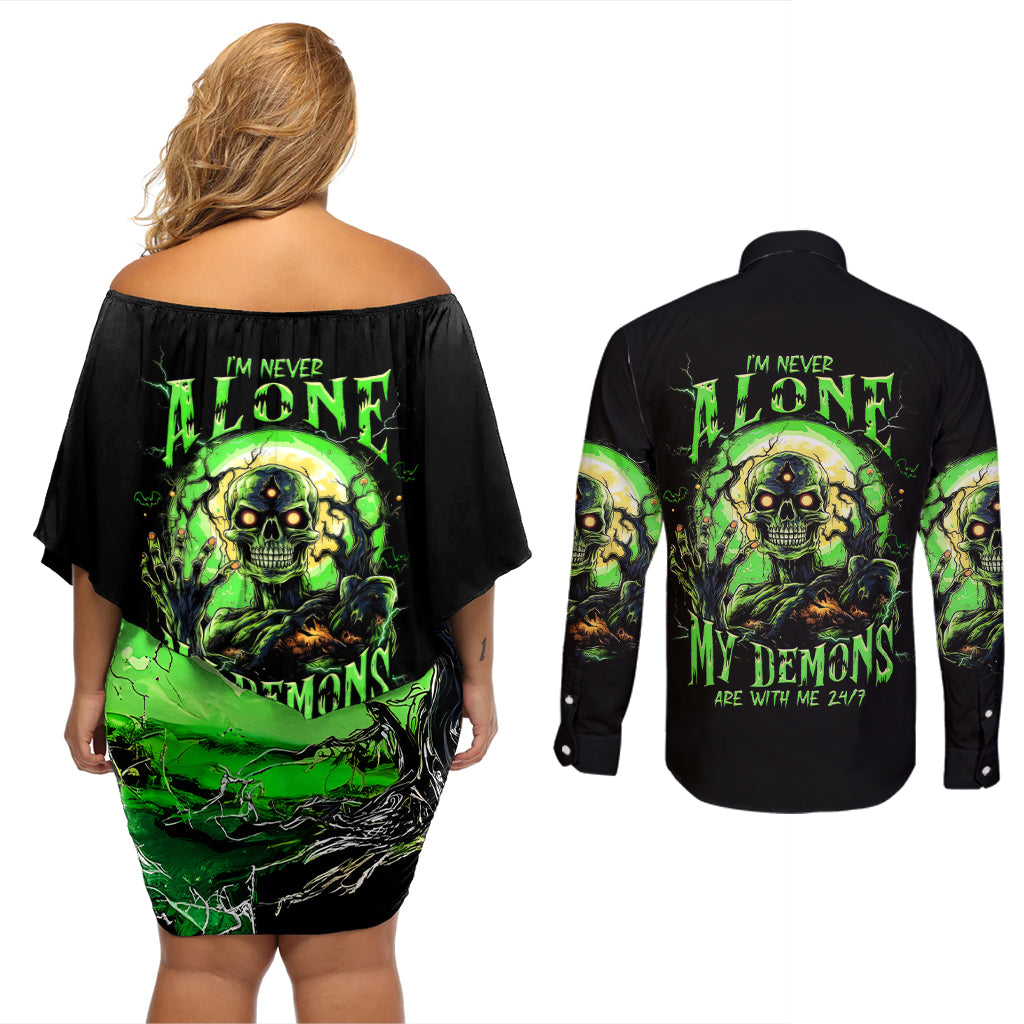 Zombie Skull Couples Matching Off Shoulder Short Dress and Long Sleeve Button Shirts I Never Alone My Demon With Me 24/7 - Wonder Print Shop
