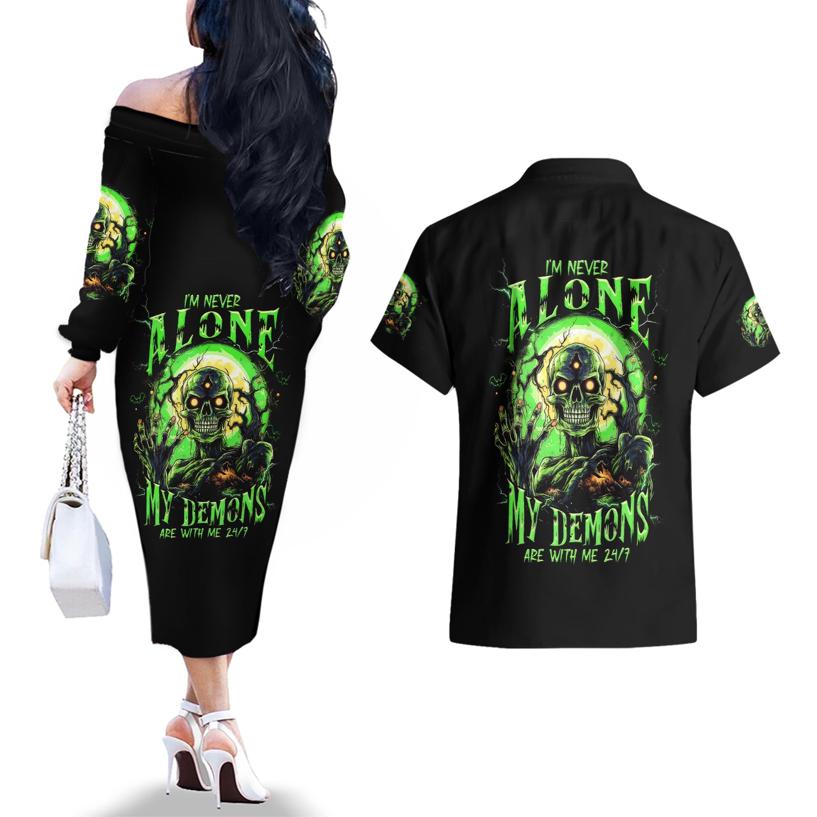 Zombie Skull Couples Matching Off The Shoulder Long Sleeve Dress and Hawaiian Shirt I Never Alone My Demon With Me 24/7 - Wonder Print Shop
