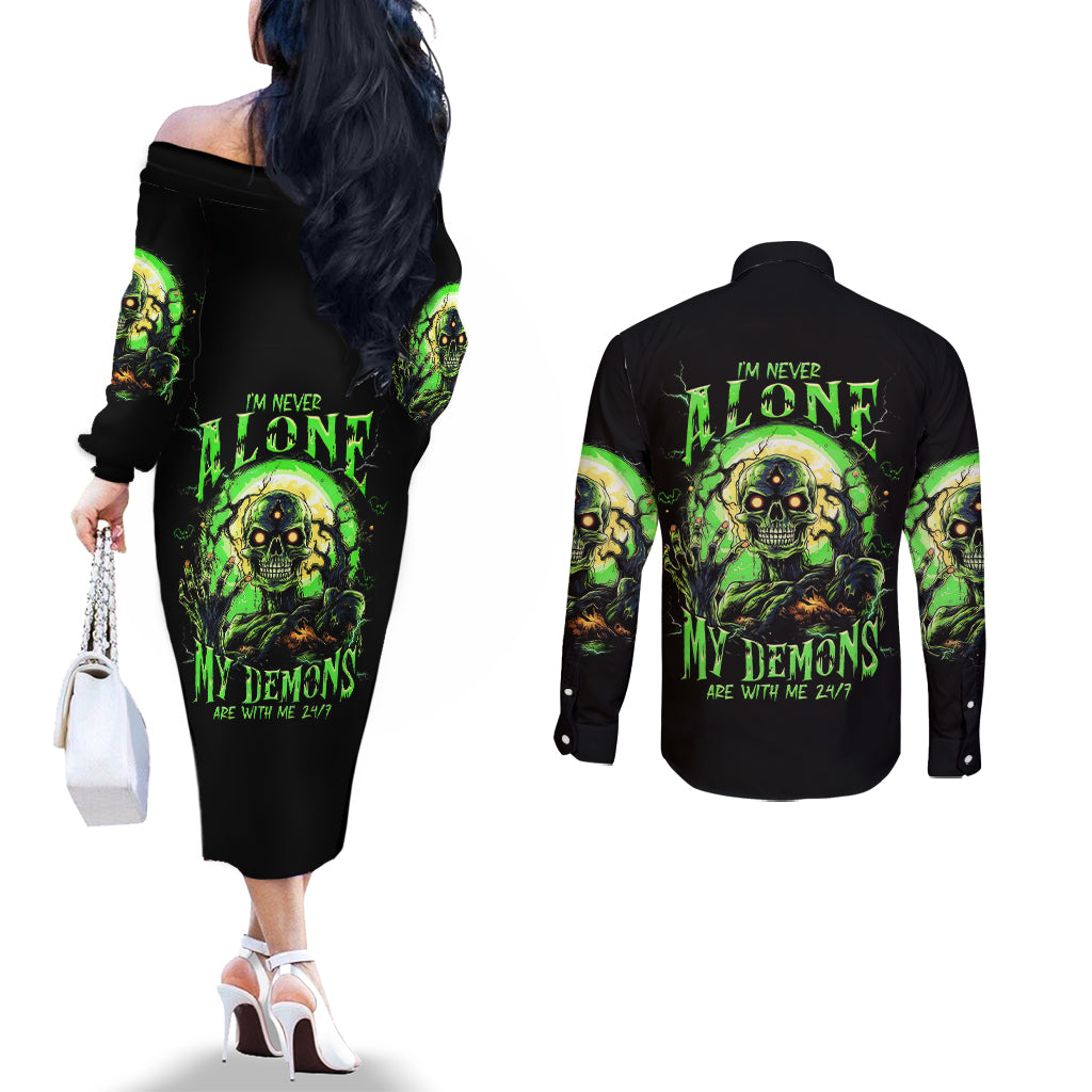Zombie Skull Couples Matching Off The Shoulder Long Sleeve Dress and Long Sleeve Button Shirts I Never Alone My Demon With Me 24/7 DT01