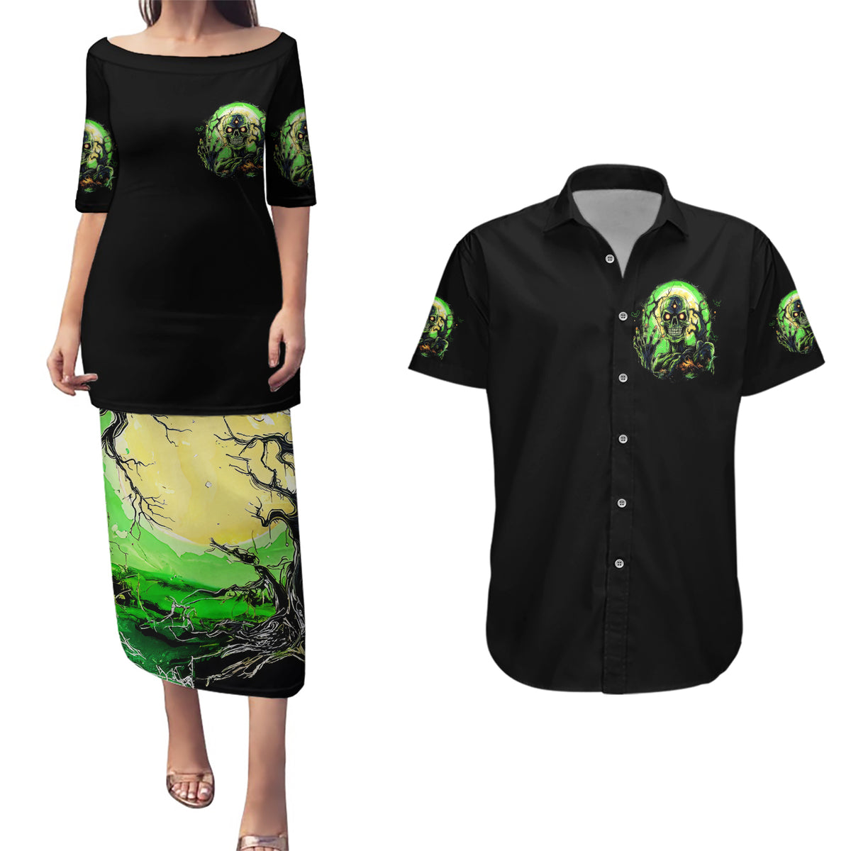 Zombie Skull Couples Matching Puletasi Dress and Hawaiian Shirt I Never Alone My Demon With Me 24/7 - Wonder Print Shop