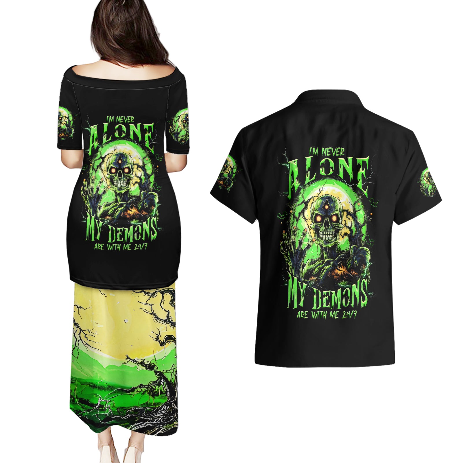 Zombie Skull Couples Matching Puletasi Dress and Hawaiian Shirt I Never Alone My Demon With Me 24/7 - Wonder Print Shop