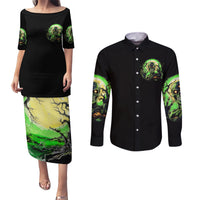 Zombie Skull Couples Matching Puletasi Dress and Long Sleeve Button Shirts I Never Alone My Demon With Me 24/7 - Wonder Print Shop
