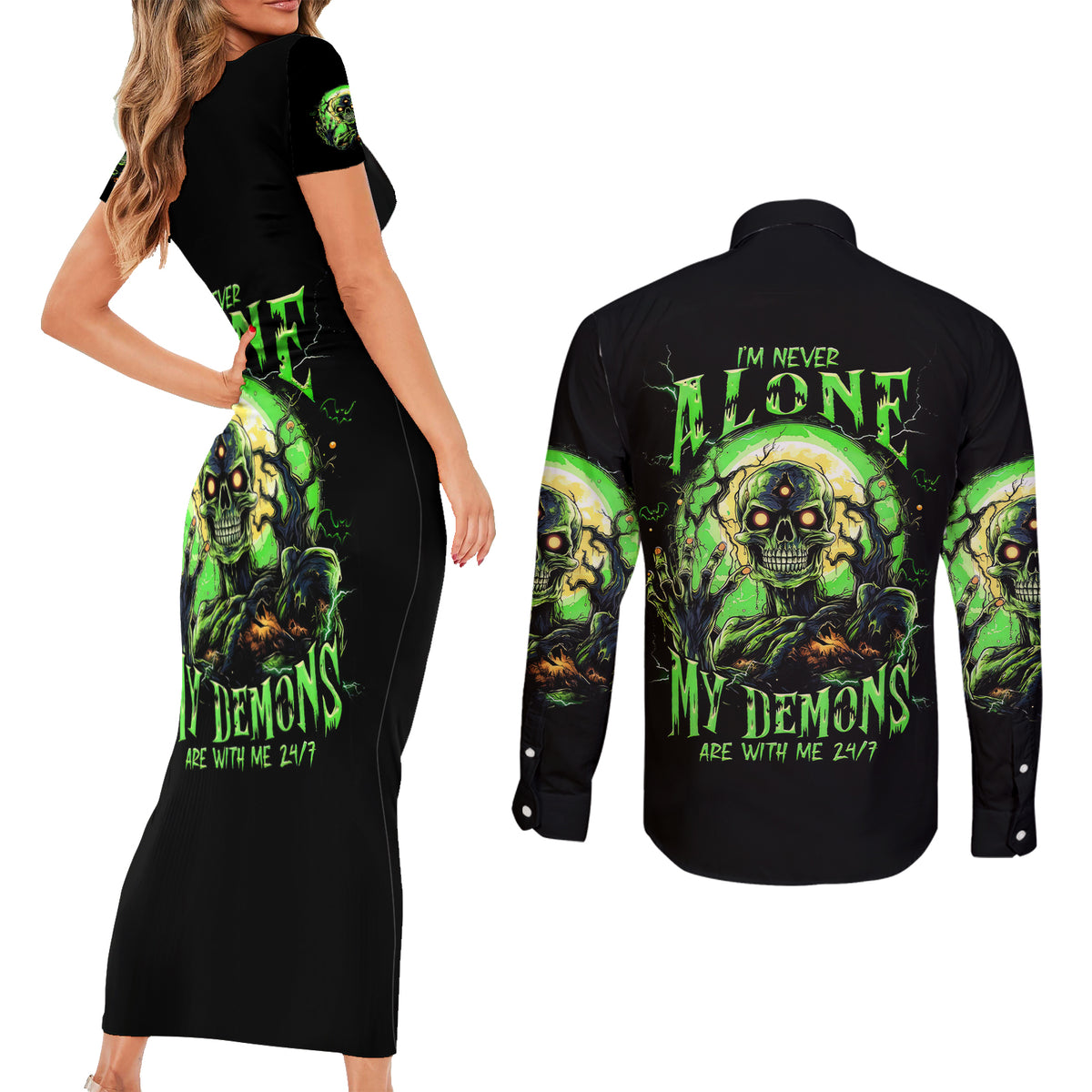 Zombie Skull Couples Matching Short Sleeve Bodycon Dress and Long Sleeve Button Shirts I Never Alone My Demon With Me 24/7 - Wonder Print Shop