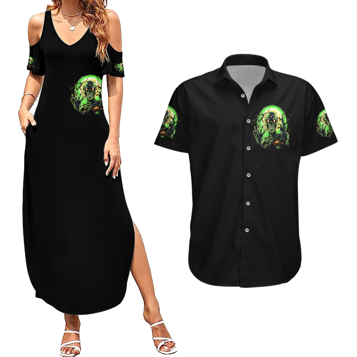 Zombie Skull Couples Matching Summer Maxi Dress and Hawaiian Shirt I Never Alone My Demon With Me 24/7 - Wonder Print Shop