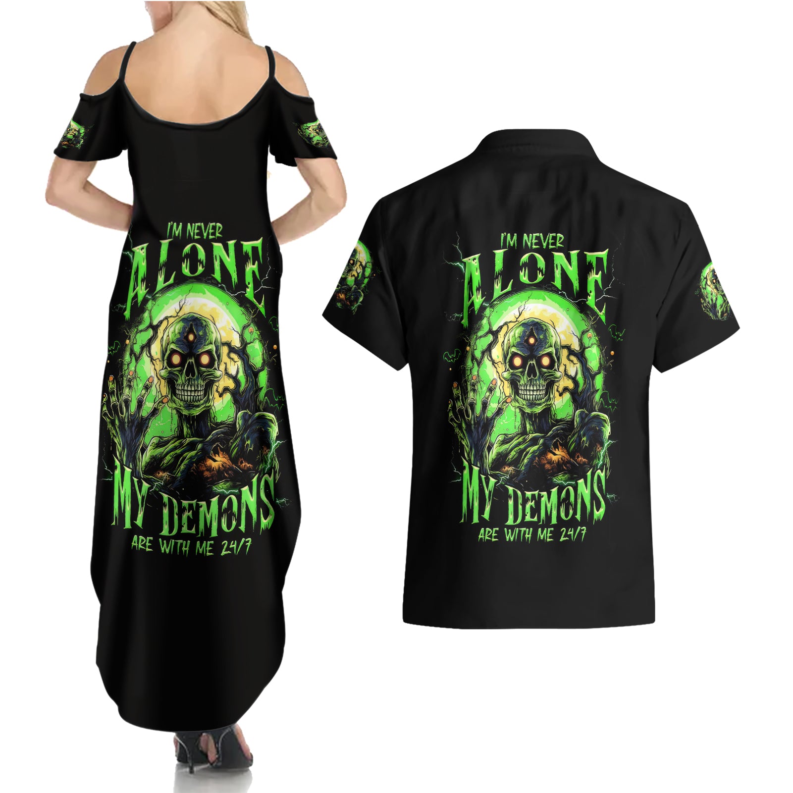 Zombie Skull Couples Matching Summer Maxi Dress and Hawaiian Shirt I Never Alone My Demon With Me 24/7 - Wonder Print Shop