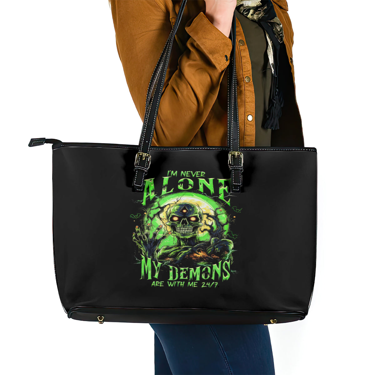 Zombie Skull Leather Tote Bag I Never Alone My Demon With Me 24/7 - Wonder Print Shop