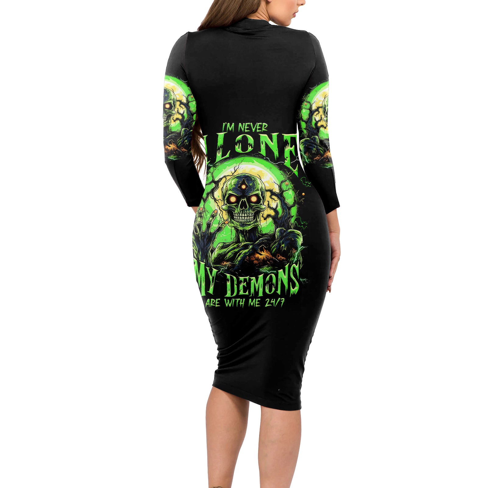 Zombie Skull Long Sleeve Bodycon Dress I Never Alone My Demon With Me 24/7 - Wonder Print Shop
