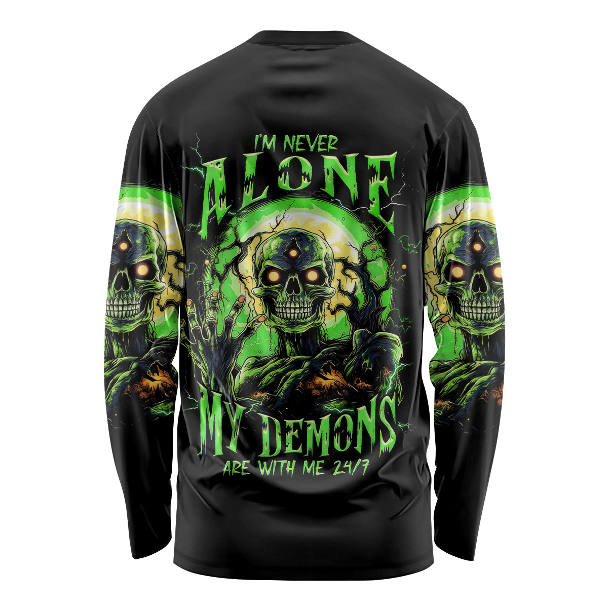 Zombie Skull Long Sleeve Shirt I Never Alone My Demon With Me 24/7 - Wonder Print Shop