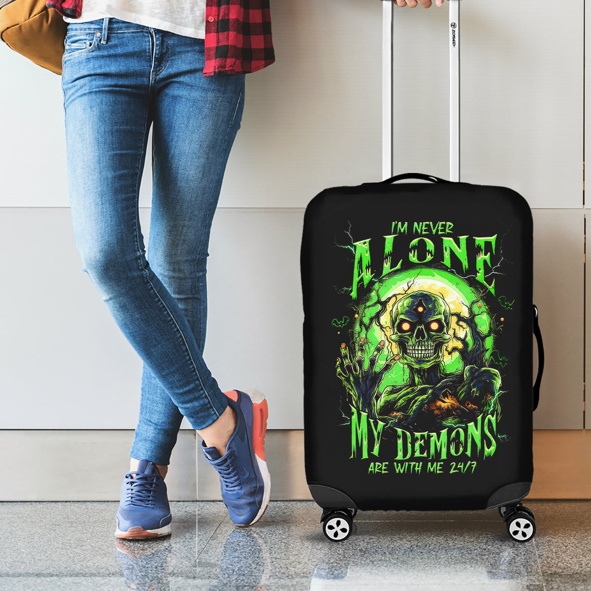 Zombie Skull Luggage Cover I Never Alone My Demon With Me 24/7 - Wonder Print Shop