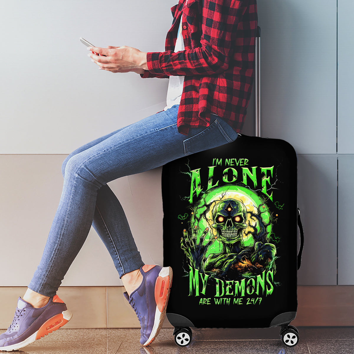 Zombie Skull Luggage Cover I Never Alone My Demon With Me 24/7 - Wonder Print Shop