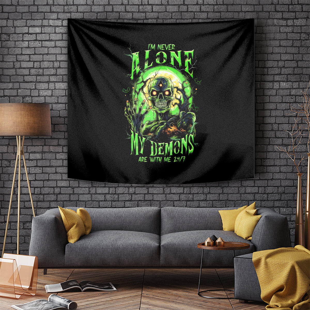 Zombie Skull Tapestry I Never Alone My Demon With Me 24/7 - Wonder Print Shop