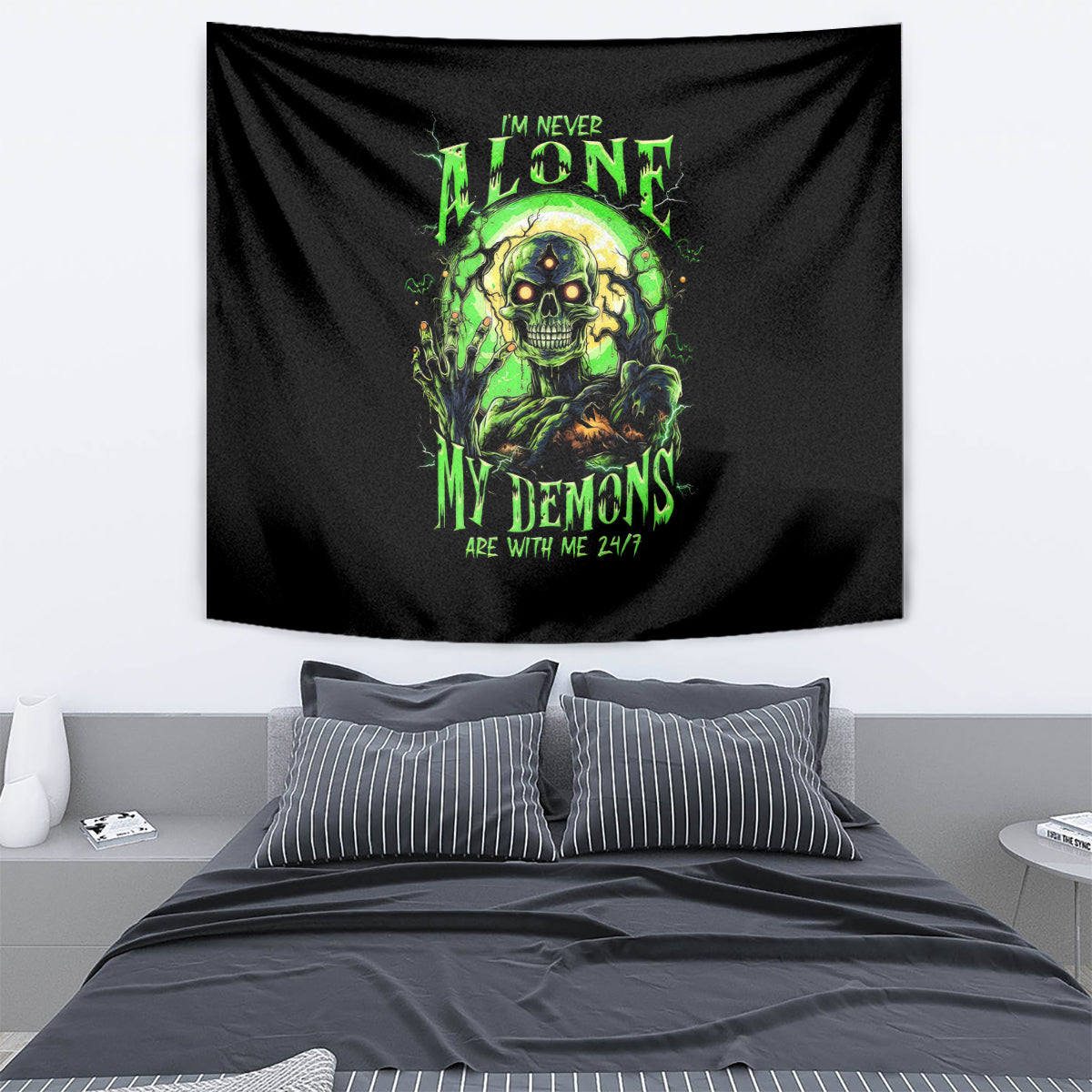 Zombie Skull Tapestry I Never Alone My Demon With Me 24/7 - Wonder Print Shop