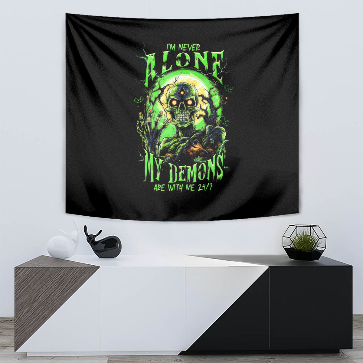 Zombie Skull Tapestry I Never Alone My Demon With Me 24/7 - Wonder Print Shop