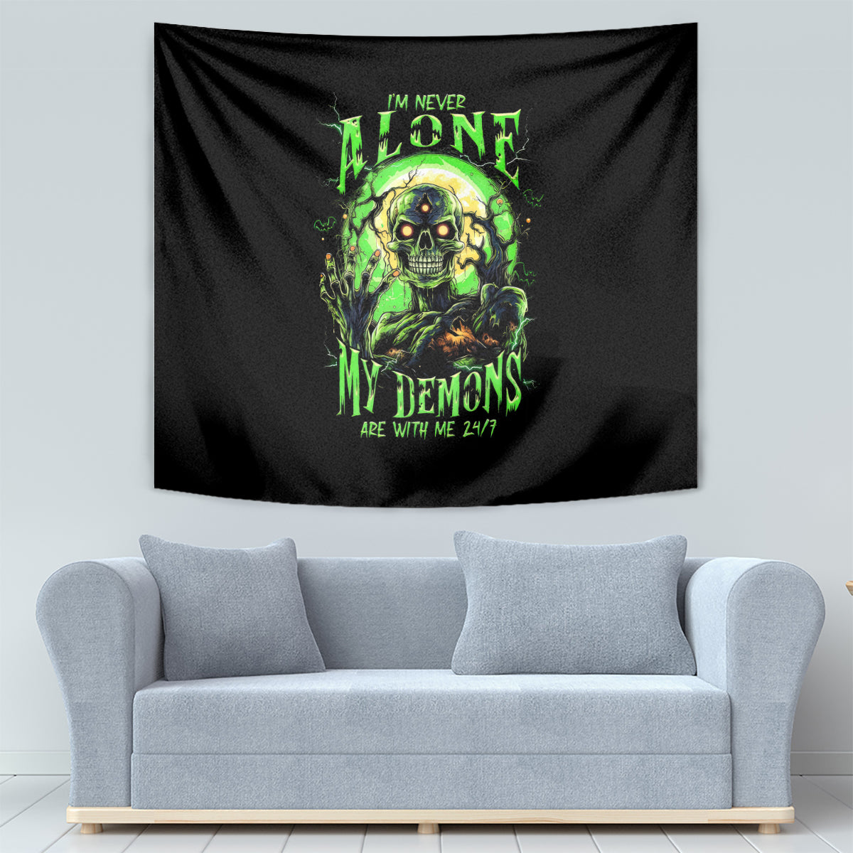 Zombie Skull Tapestry I Never Alone My Demon With Me 24/7 - Wonder Print Shop