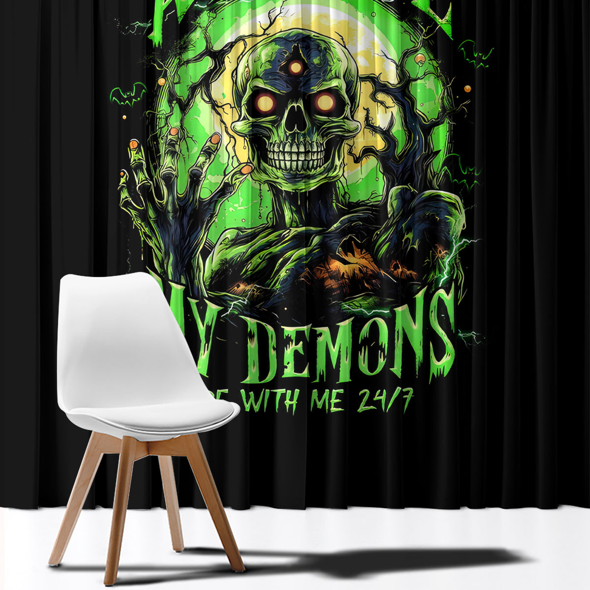 Zombie Skull Window Curtain I Never Alone My Demon With Me 24/7 - Wonder Print Shop