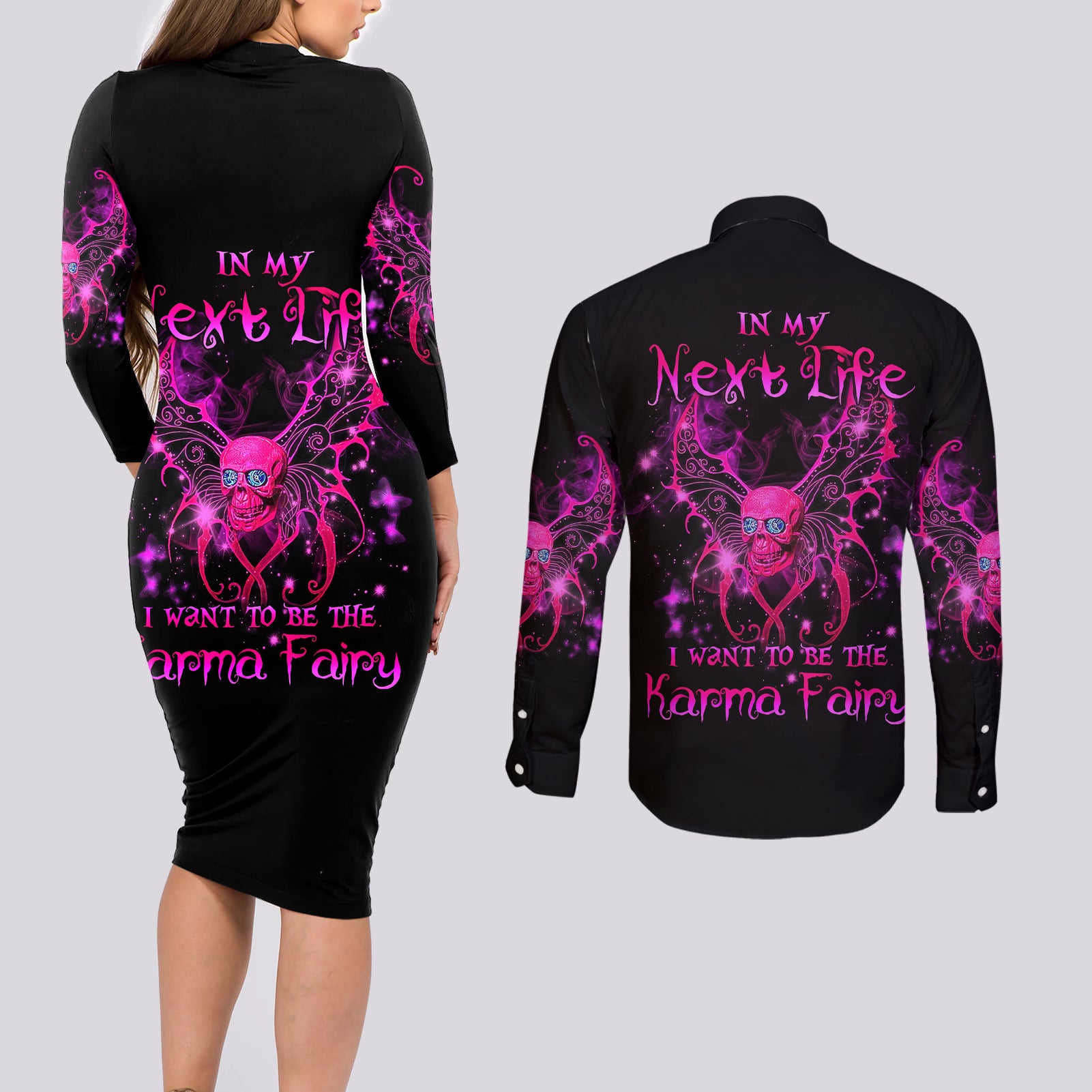 Fairy Skull Couples Matching Long Sleeve Bodycon Dress and Long Sleeve Button Shirts My Next Life I Want To Be Karma Fairy - Wonder Print Shop