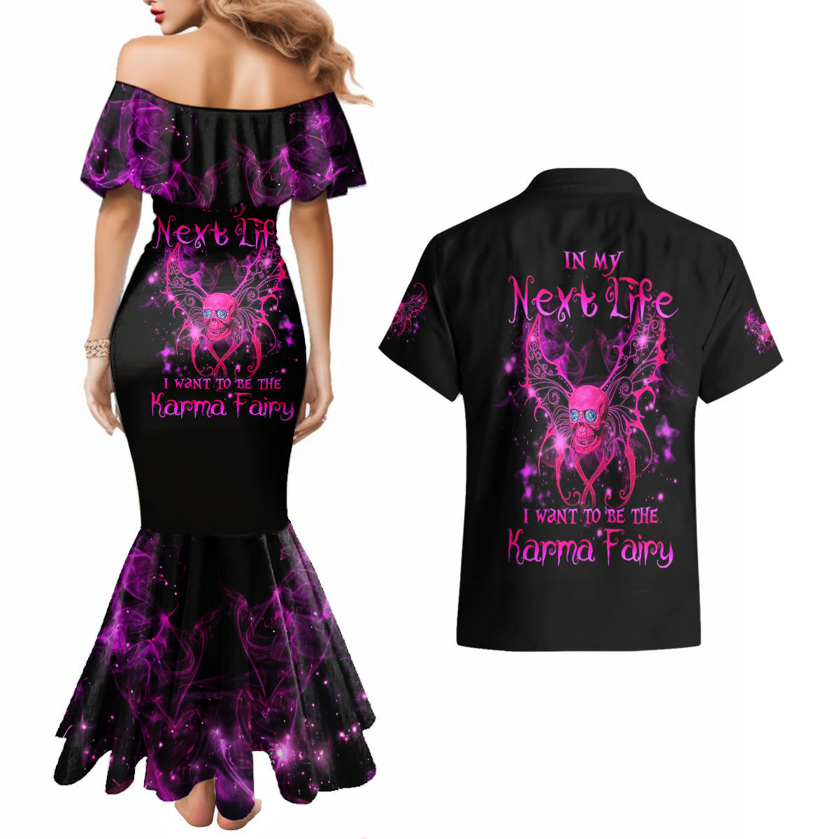 Fairy Skull Couples Matching Mermaid Dress and Hawaiian Shirt My Next Life I Want To Be Karma Fairy - Wonder Print Shop