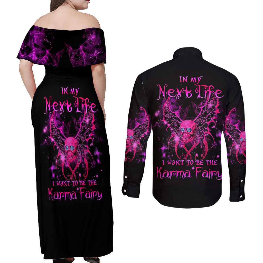 Fairy Skull Couples Matching Off Shoulder Maxi Dress and Long Sleeve Button Shirts My Next Life I Want To Be Karma Fairy - Wonder Print Shop