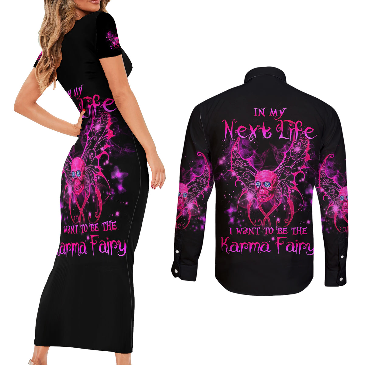Fairy Skull Couples Matching Short Sleeve Bodycon Dress and Long Sleeve Button Shirts My Next Life I Want To Be Karma Fairy - Wonder Print Shop