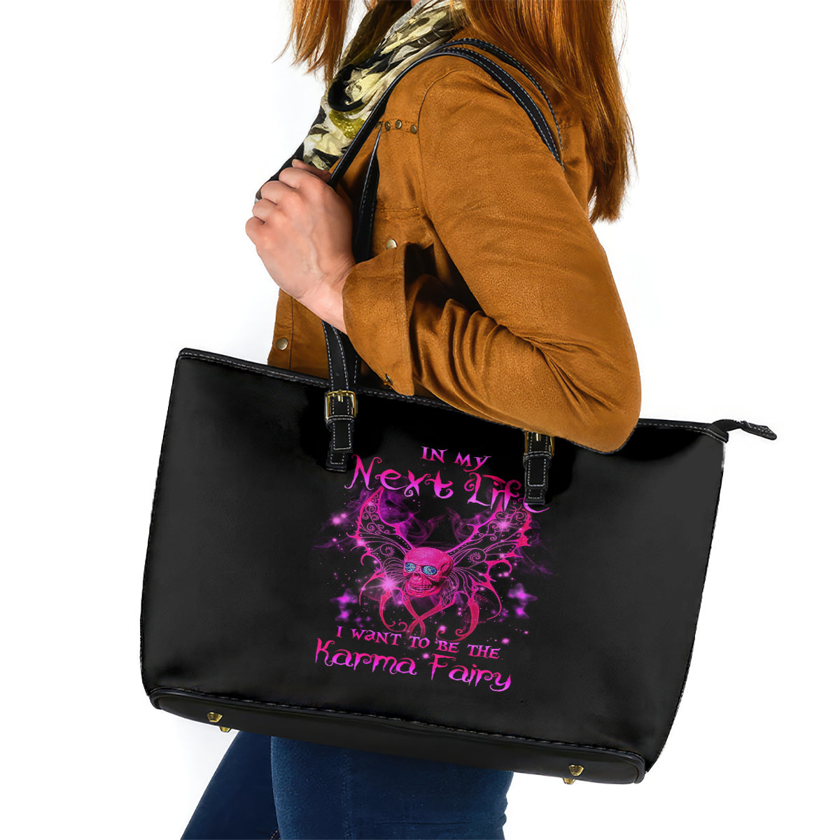 Fairy Skull Leather Tote Bag My Next Life I Want To Be Karma Fairy - Wonder Print Shop