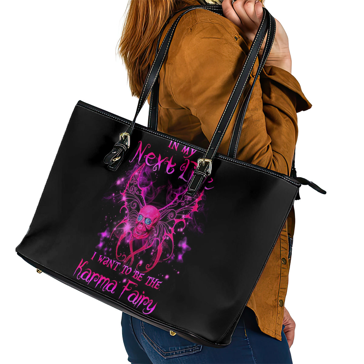 Fairy Skull Leather Tote Bag My Next Life I Want To Be Karma Fairy - Wonder Print Shop