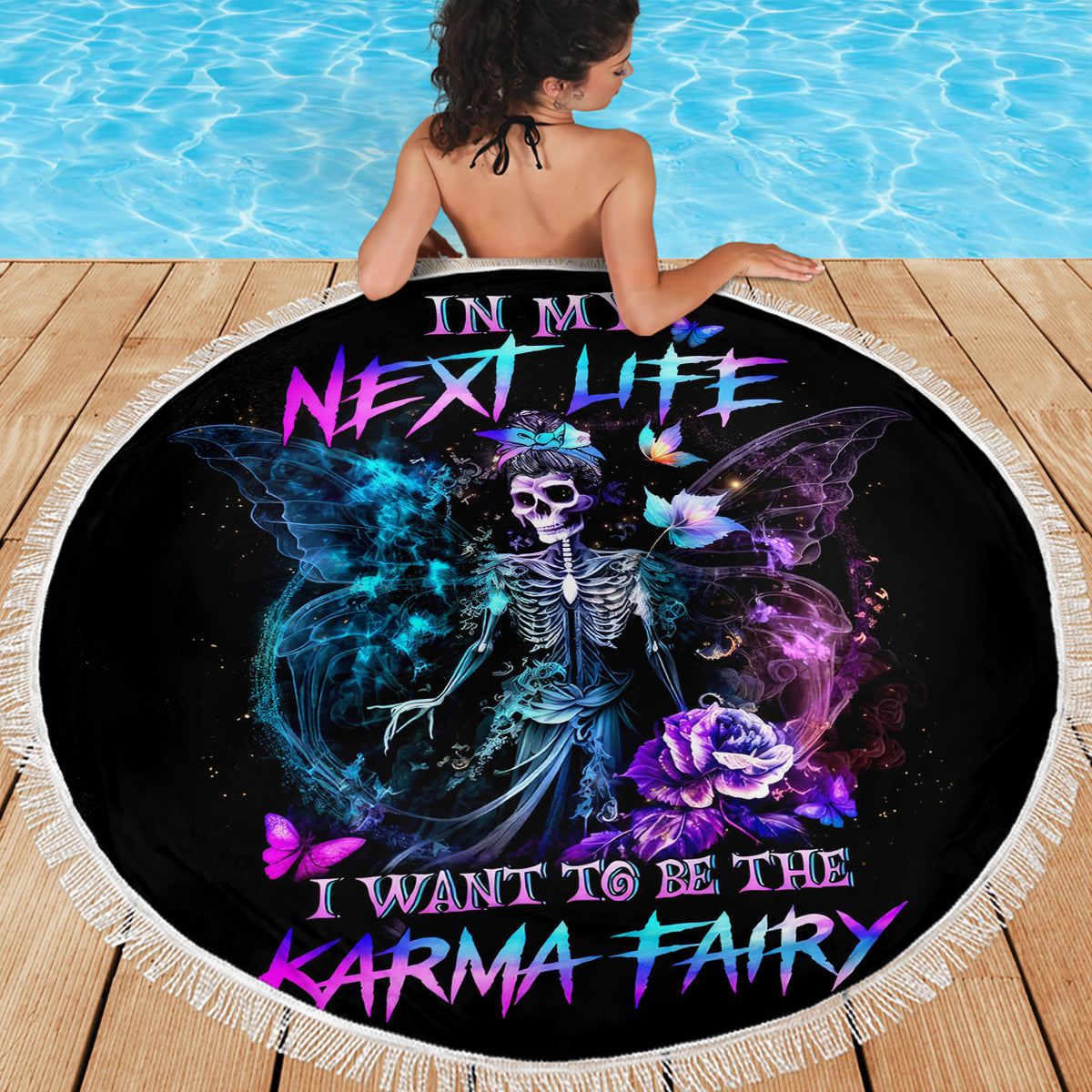 Dia De Los Muertos Skull Beach Blanket My Next Life I Want To Be Karma Fairy - Wonder Print Shop