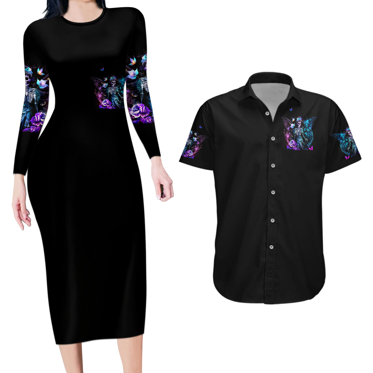 Dia De Los Muertos Skull Couples Matching Long Sleeve Bodycon Dress and Hawaiian Shirt My Next Life I Want To Be Karma Fairy - Wonder Print Shop