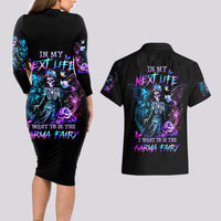 Dia De Los Muertos Skull Couples Matching Long Sleeve Bodycon Dress and Hawaiian Shirt My Next Life I Want To Be Karma Fairy - Wonder Print Shop