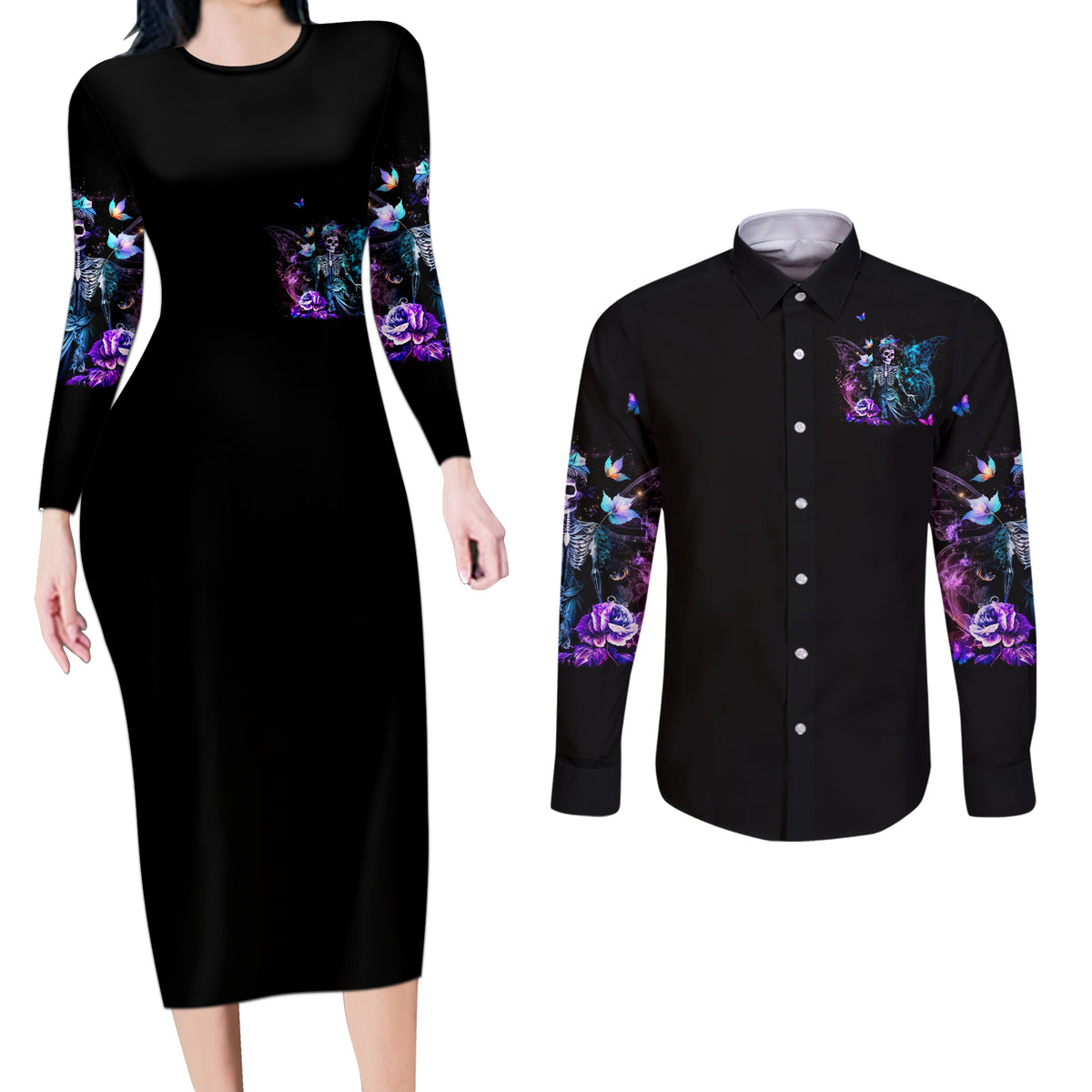 Dia De Los Muertos Skull Couples Matching Long Sleeve Bodycon Dress and Long Sleeve Button Shirts My Next Life I Want To Be Karma Fairy - Wonder Print Shop