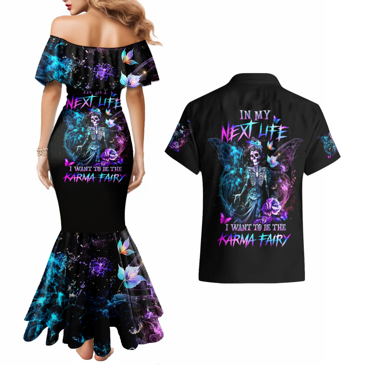 Dia De Los Muertos Skull Couples Matching Mermaid Dress and Hawaiian Shirt My Next Life I Want To Be Karma Fairy - Wonder Print Shop